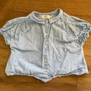 Girls short sleeve blue and red polka dot blouse